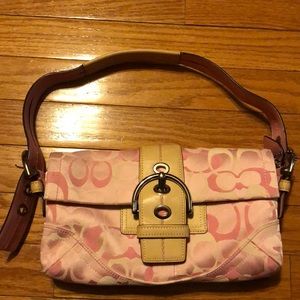 Coach Pink Logo & Beige Leather Strap & Buckle Bag